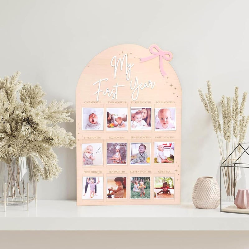 FLhdM My First Year Photo Frame Board, 1st Birthday Girl Boy Gifts, Newborn Newmom Gift, 1 Year Old Girls Gifts, One Year Birthday Party Decorations, Baby Shower Baptism Favors, 12 Months Milestone - Image 3